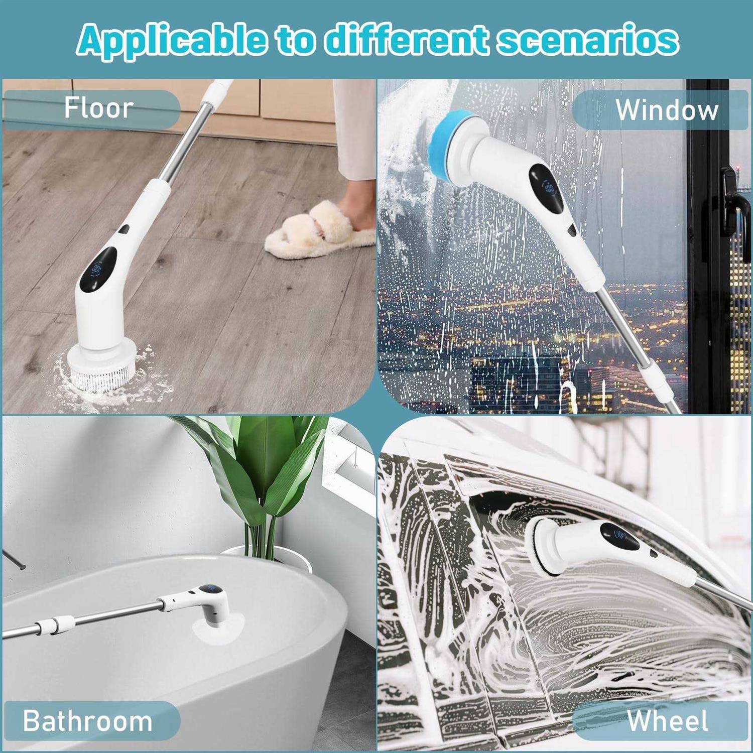 Electric Spin Scrubber, Digital Electric Scrubber with Voice Broadcasting Function and 9 Interchangeable Heads 3 Adjustable Speeds Bathroom Scrubber - Image 4