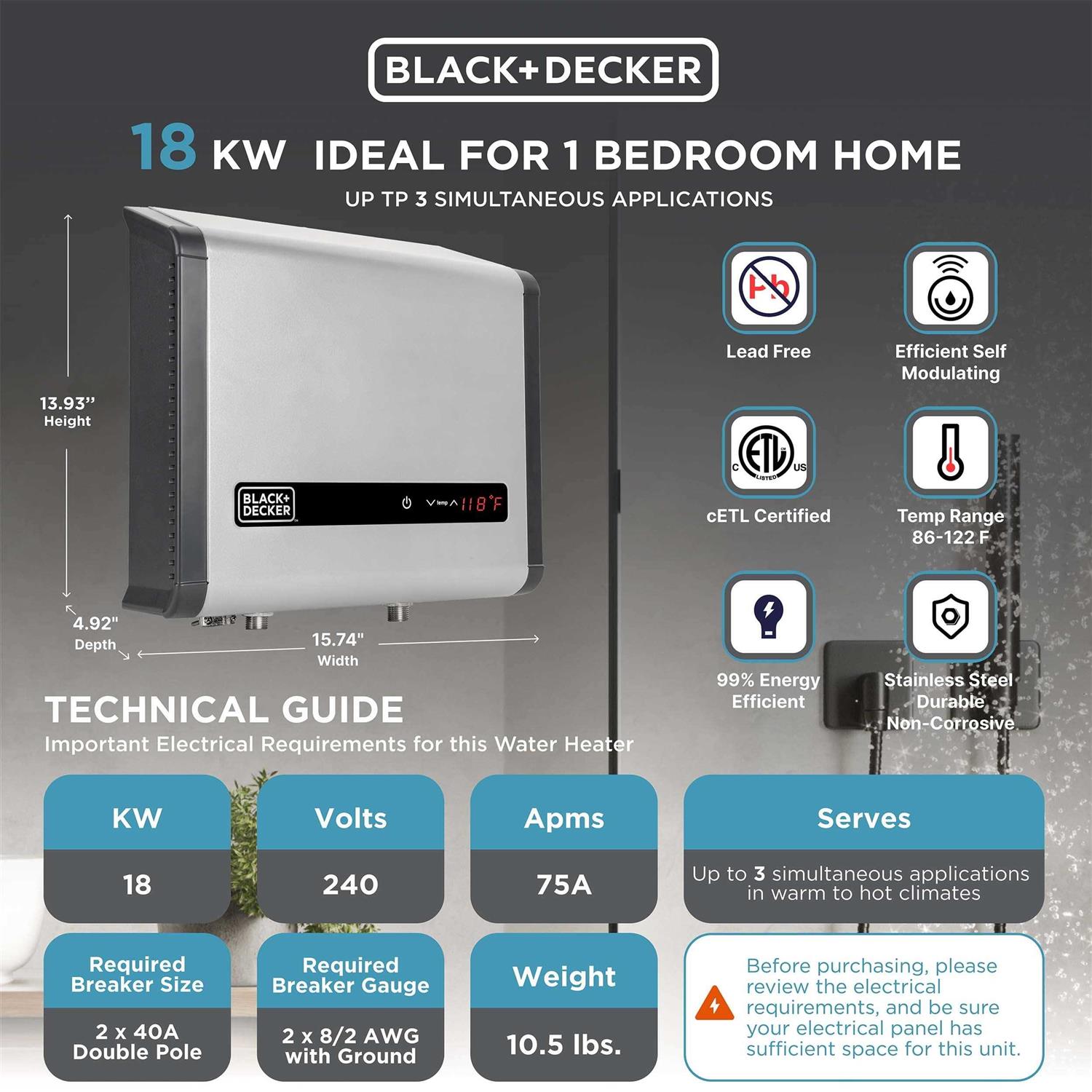 Black Decker 18 kW 3.7 GPM Electric Tankless Water Heater - Image 5