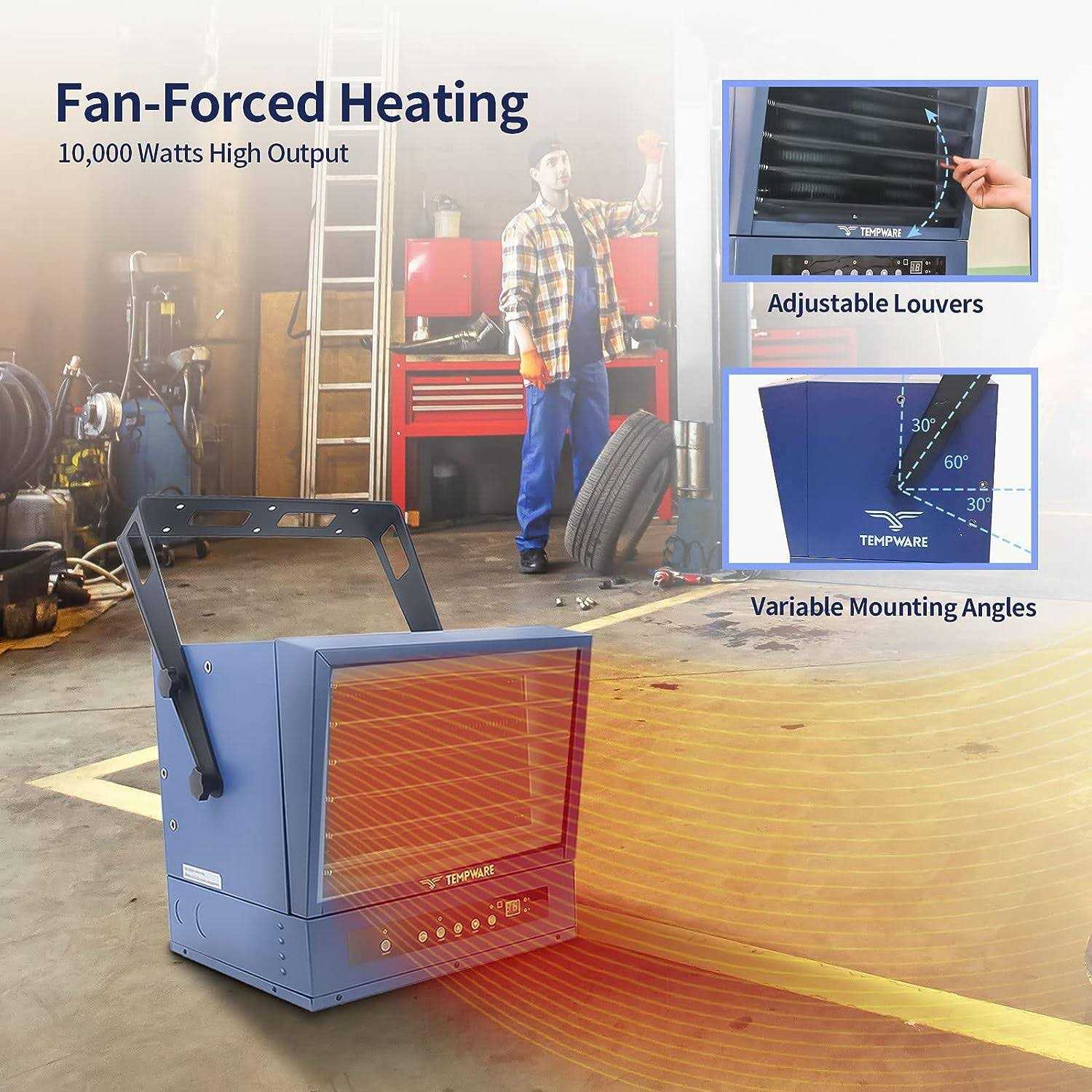 Tempware Electric Garage Heater 10,000-Watt Digital Fan-Forced Ceiling Mount Shop Heater with Full-Function Remote - Image 5