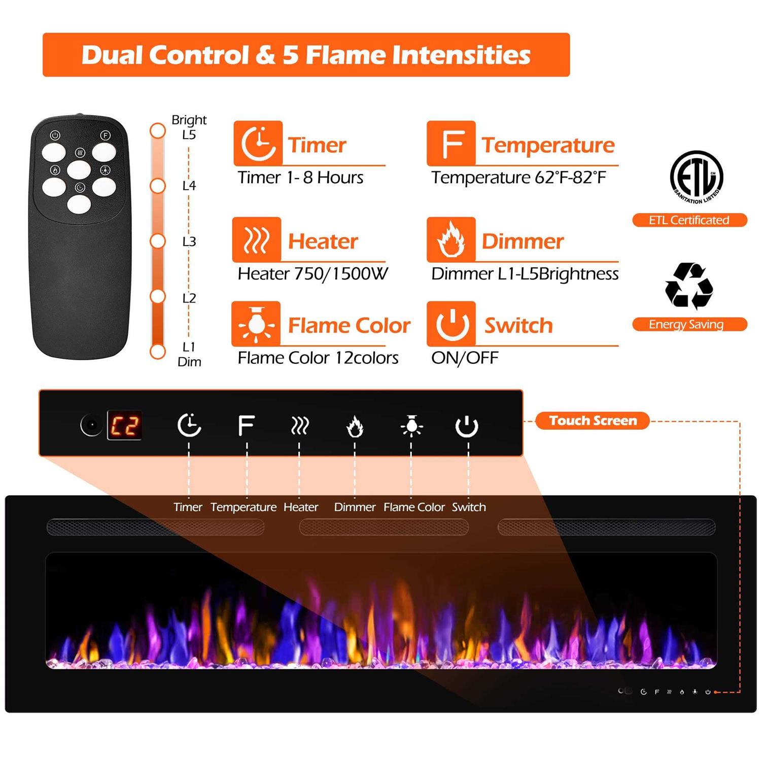 Betelnut 50 Electric Fireplace Wall Mounted and Recessed with Remote Control - Image 5
