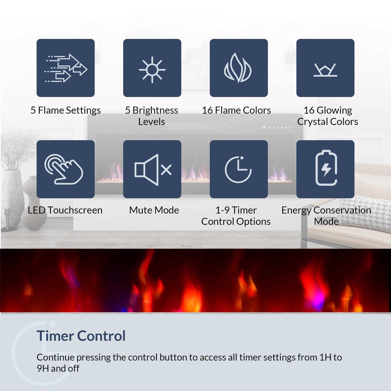 BELLEZE Electric Fireplace Heater 1400 W Recessed & Wall Mounted Electric Fireplace with Remote Control - Image 4