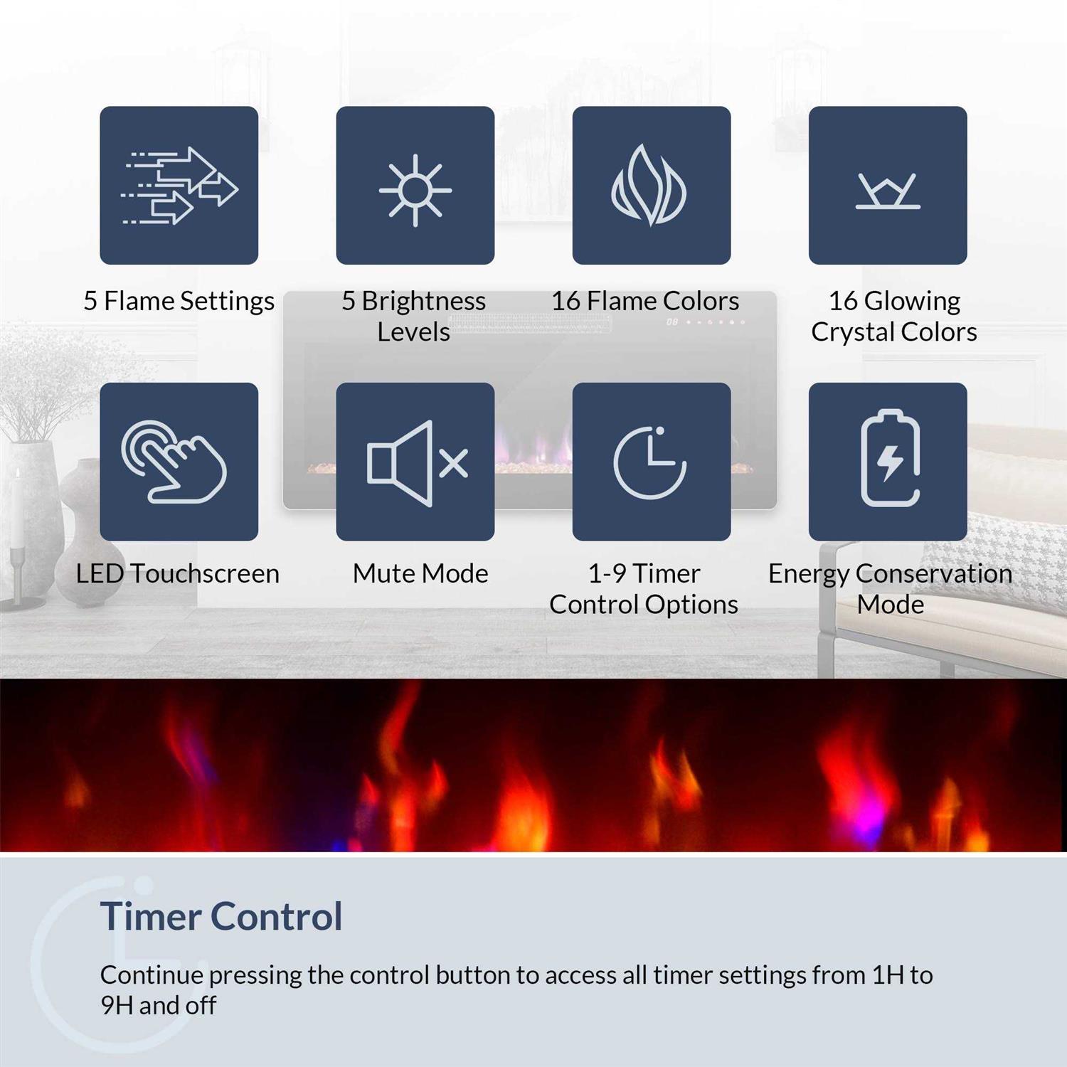 BELLEZE Electric Fireplace Heater 1400 W Recessed & Wall Mounted Electric Fireplace with Remote Control - Image 4