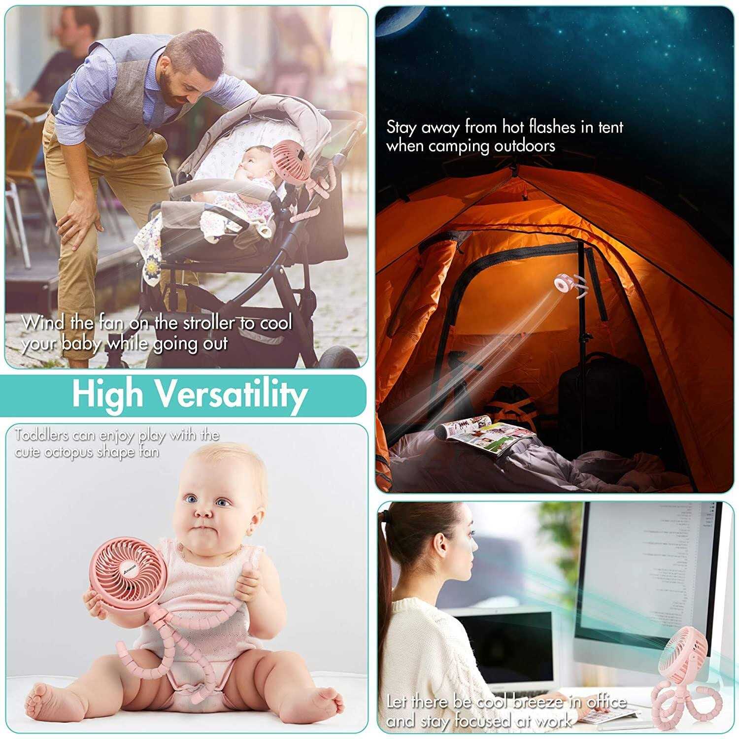 Amacool Battery Operated Stroller Fan Flexible Tripod Clip On Fan with 3 Speeds and Rotatable Handheld Personal Fan for Car Seat Crib Bike Treadmill - Image 4