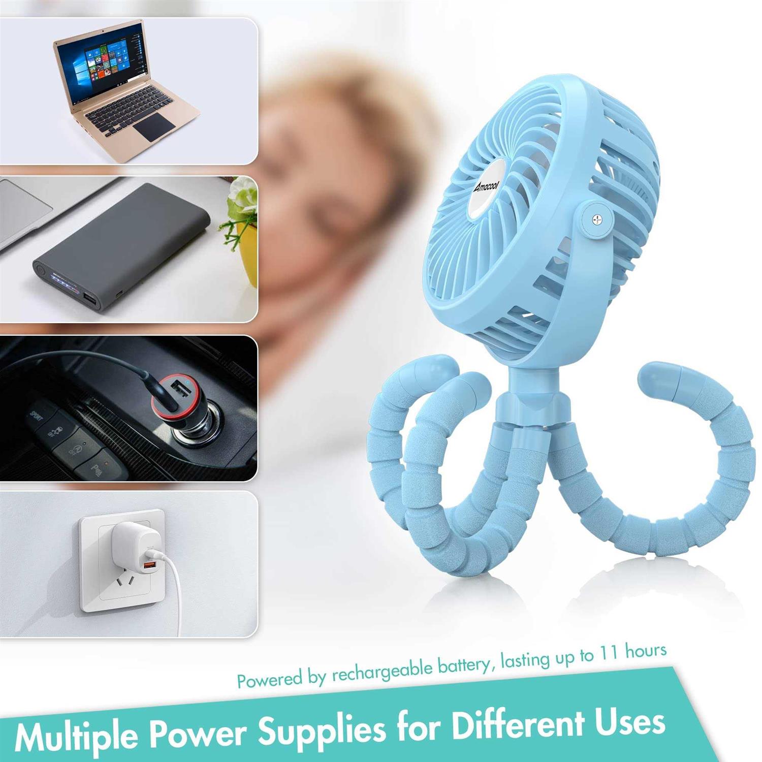 Amacool Battery Operated Stroller Fan Flexible Tripod Clip On Fan with 3 Speeds and Rotatable Handheld Personal Fan for Car Seat Crib Bike Treadmill - Image 5