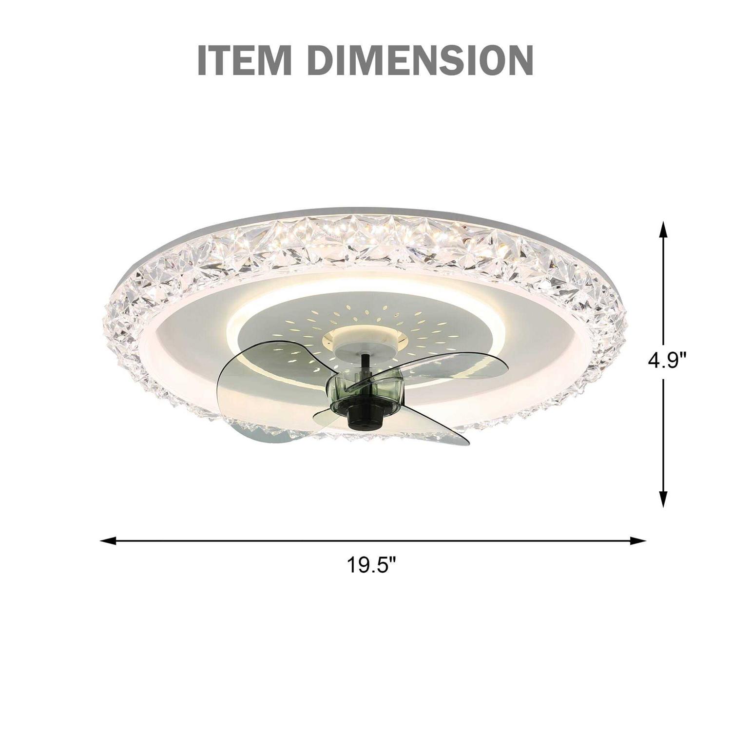 Bella Depot White Modern Flush Mount Ceiling Fan,6 Speed Low Profile Crystal Ceiling Fan with Remote and Dimmable Light DC2007 - Image 3