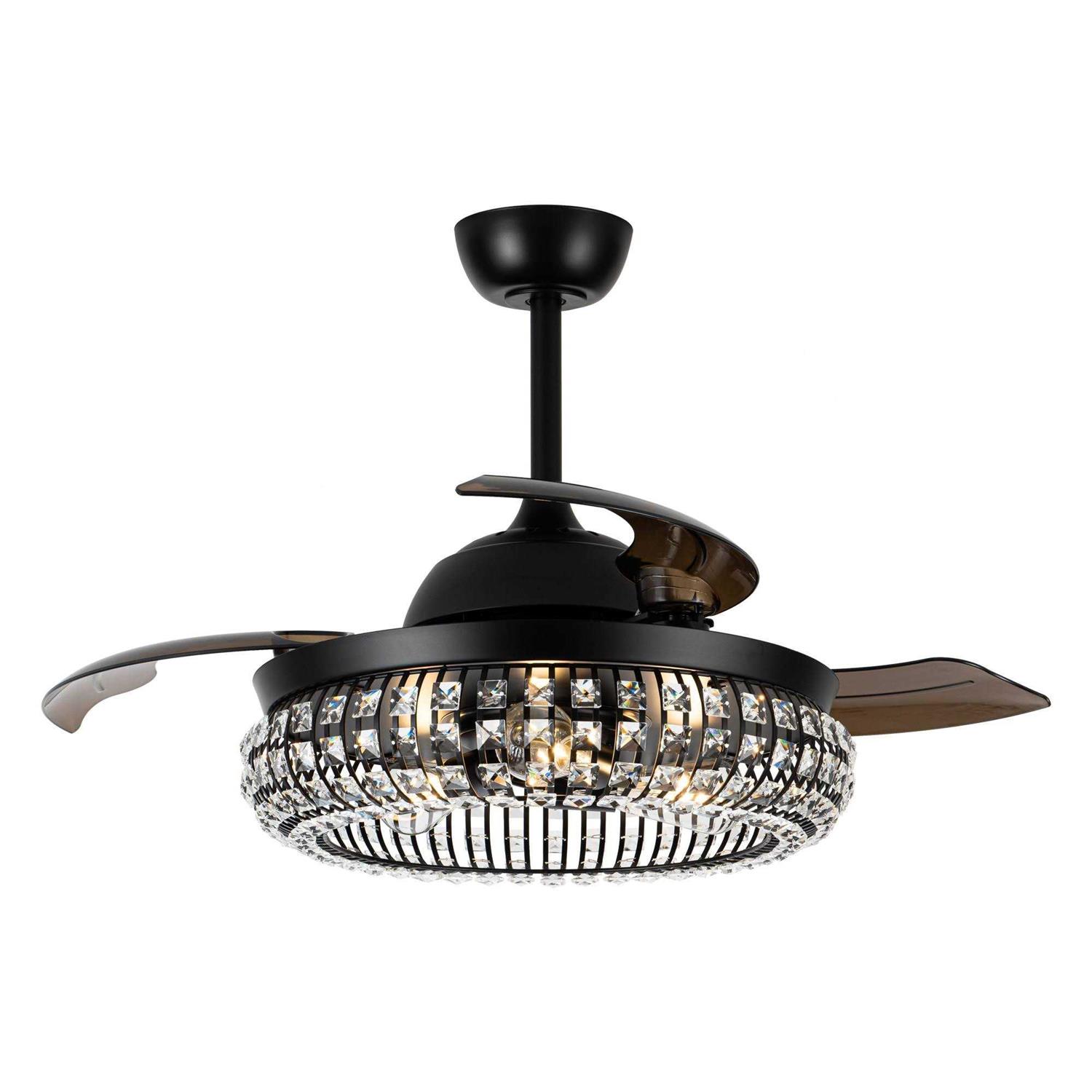 Parrot Uncle 42 Modern Black 3-Light Crystal Ceiling Fan Chandelier with Remote - Image 3