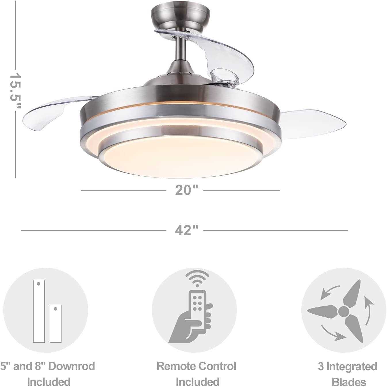 Pochfan Retractable Ceiling Fan with Lights Remote Control 42 Inch Ceiling Fan for Bedroom Living Room etc - Image 3