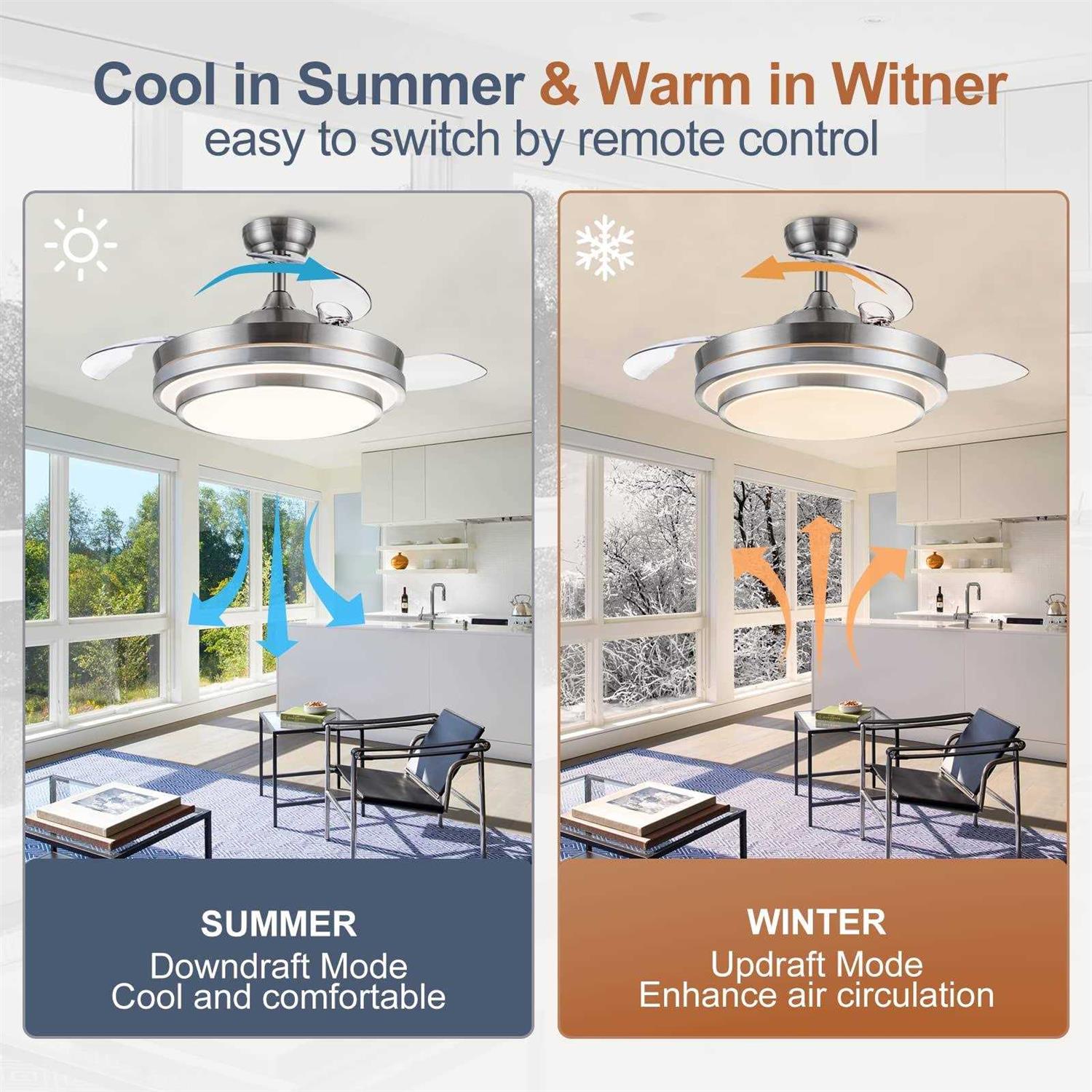 Pochfan Retractable Ceiling Fan with Lights Remote Control 42 Inch Ceiling Fan for Bedroom Living Room etc - Image 5