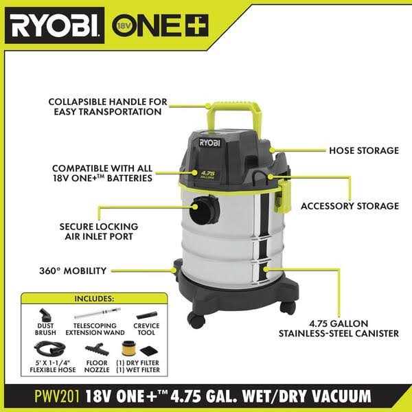 RYOBI ONE+ 18V Cordless 4.75 Gal. Wet/Dry Vacuum Kit with 4.0 Ah Battery and Charger - Image 3