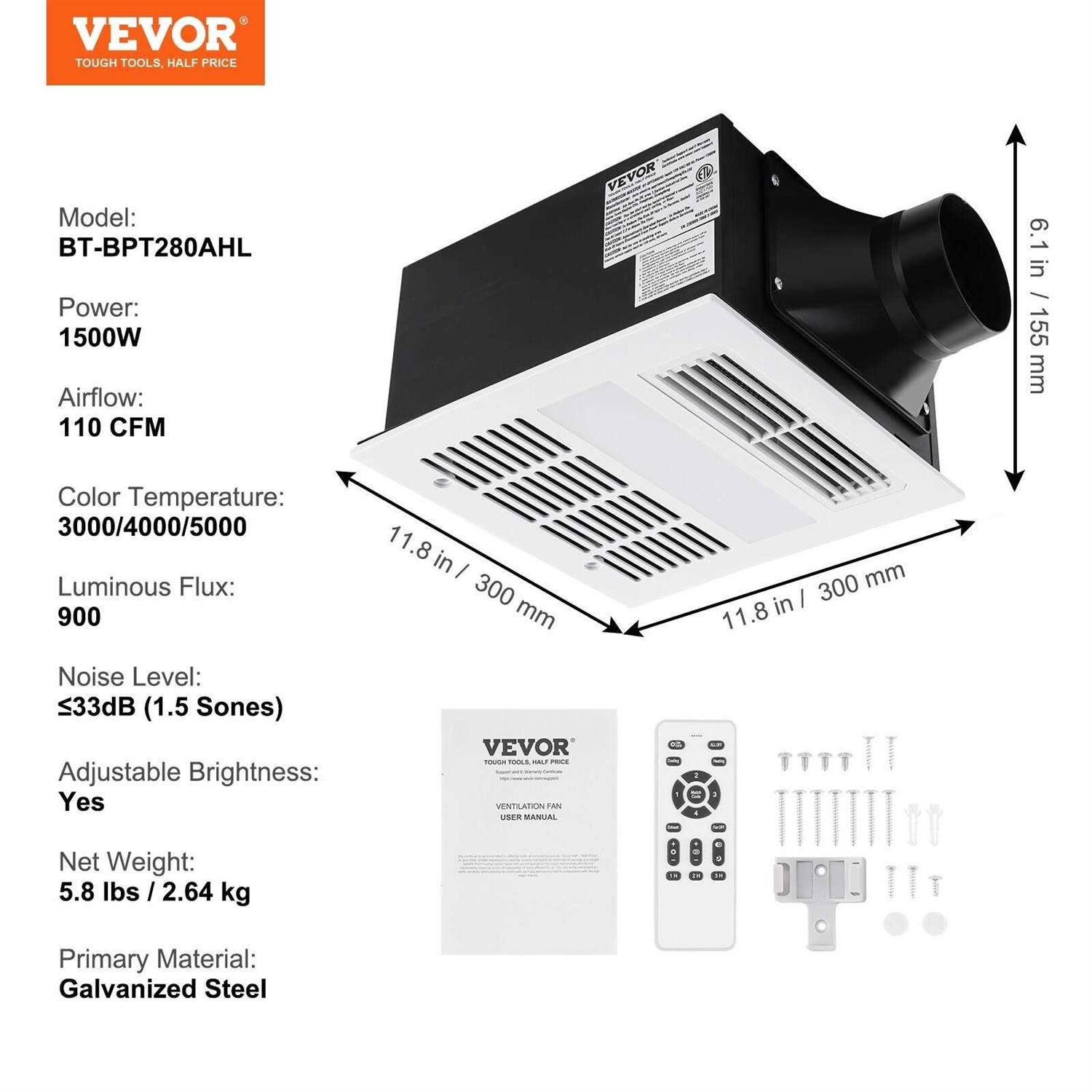 VEVOR Bathroom Exhaust Fan 1500W Heating 110 CFM High-Efficiency Ventilation - Image 5
