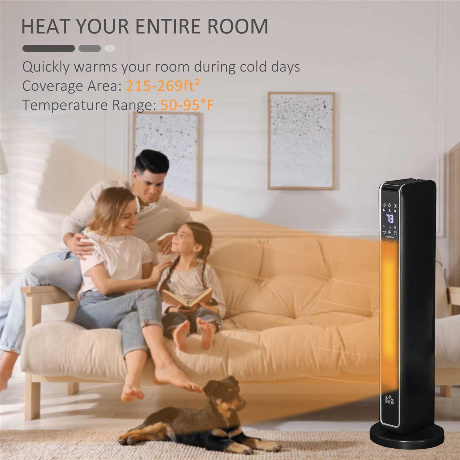 HOMCOM Ceramic Tower Heater Oscillating Space Heater with Remote Control - Image 3