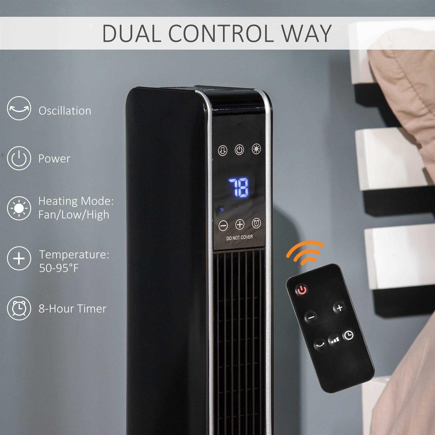 HOMCOM Ceramic Tower Heater Oscillating Space Heater with Remote Control - Image 4