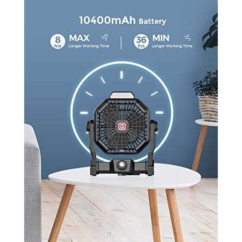 JINLICTE Camping Fan with LED Lantern, 10400mAh 9-Inch Rechargeable Outdoor Tent Fan, 270Ahead Rotation, Stepless Speed and Quiet Battery Operated Usb Fan - Image 3