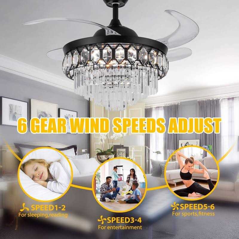 Bavnnro Crystal Ceiling Fan with Lights Smart Bluetooth Music Player,42 Inch LED Reverse Dimmable Remote Control Retractable Invisible Blades Indoor - Image 3