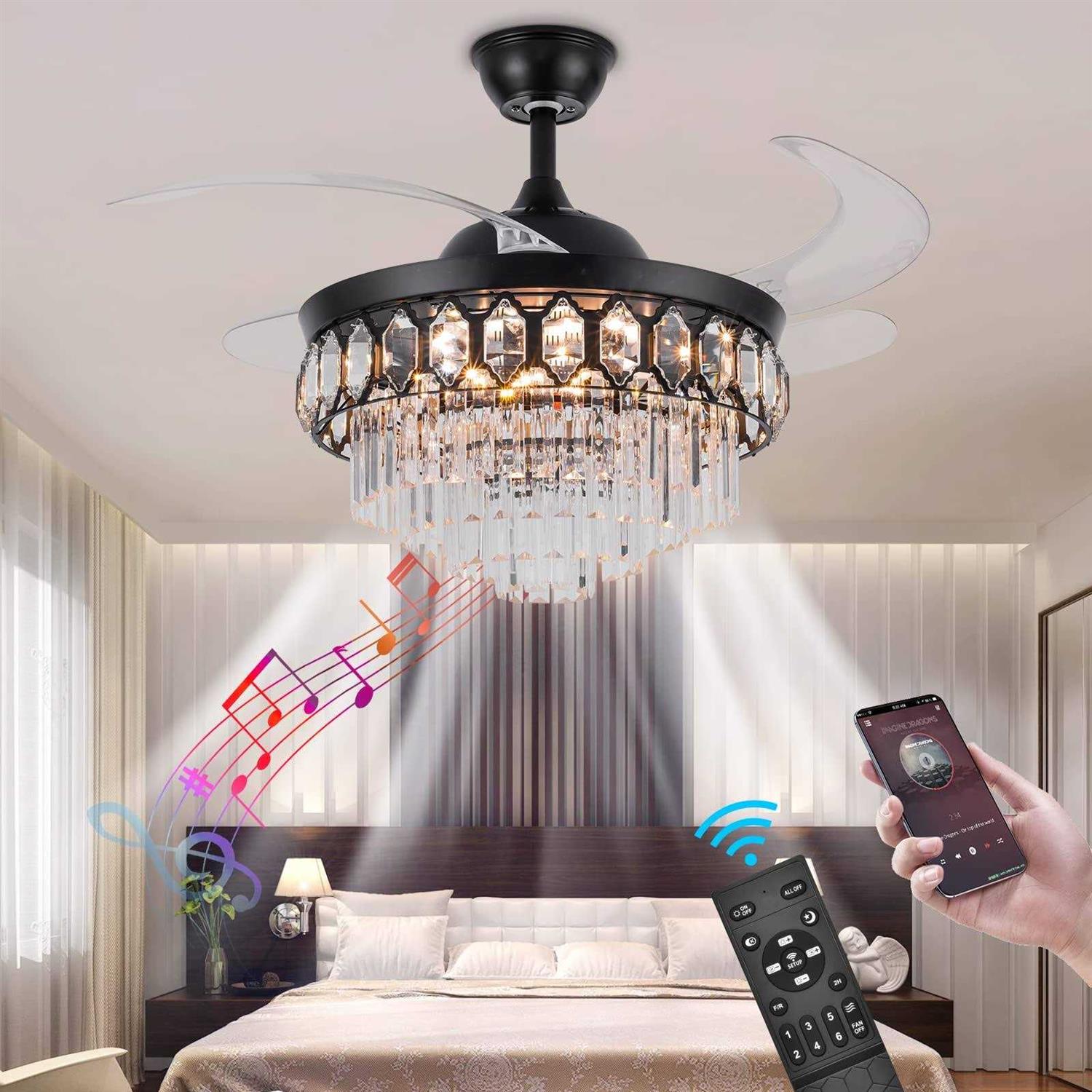 Bavnnro Crystal Ceiling Fan with Lights Smart Bluetooth Music Player,42 Inch LED Reverse Dimmable Remote Control Retractable Invisible Blades Indoor - Image 4