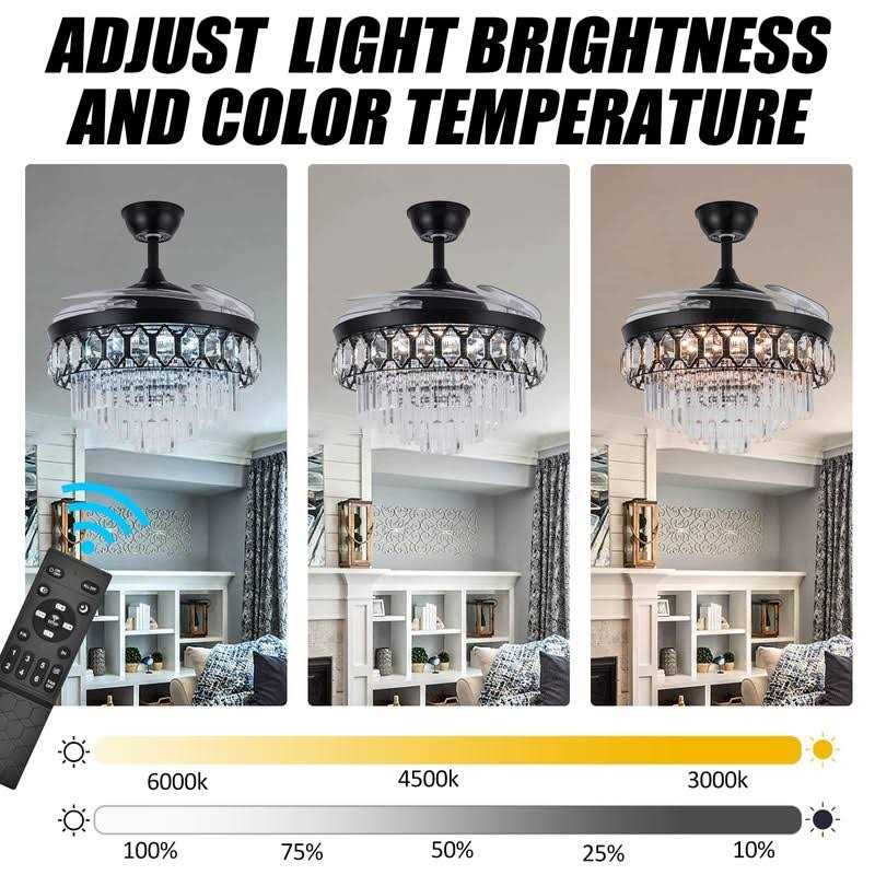 Bavnnro Crystal Ceiling Fan with Lights Smart Bluetooth Music Player,42 Inch LED Reverse Dimmable Remote Control Retractable Invisible Blades Indoor - Image 5