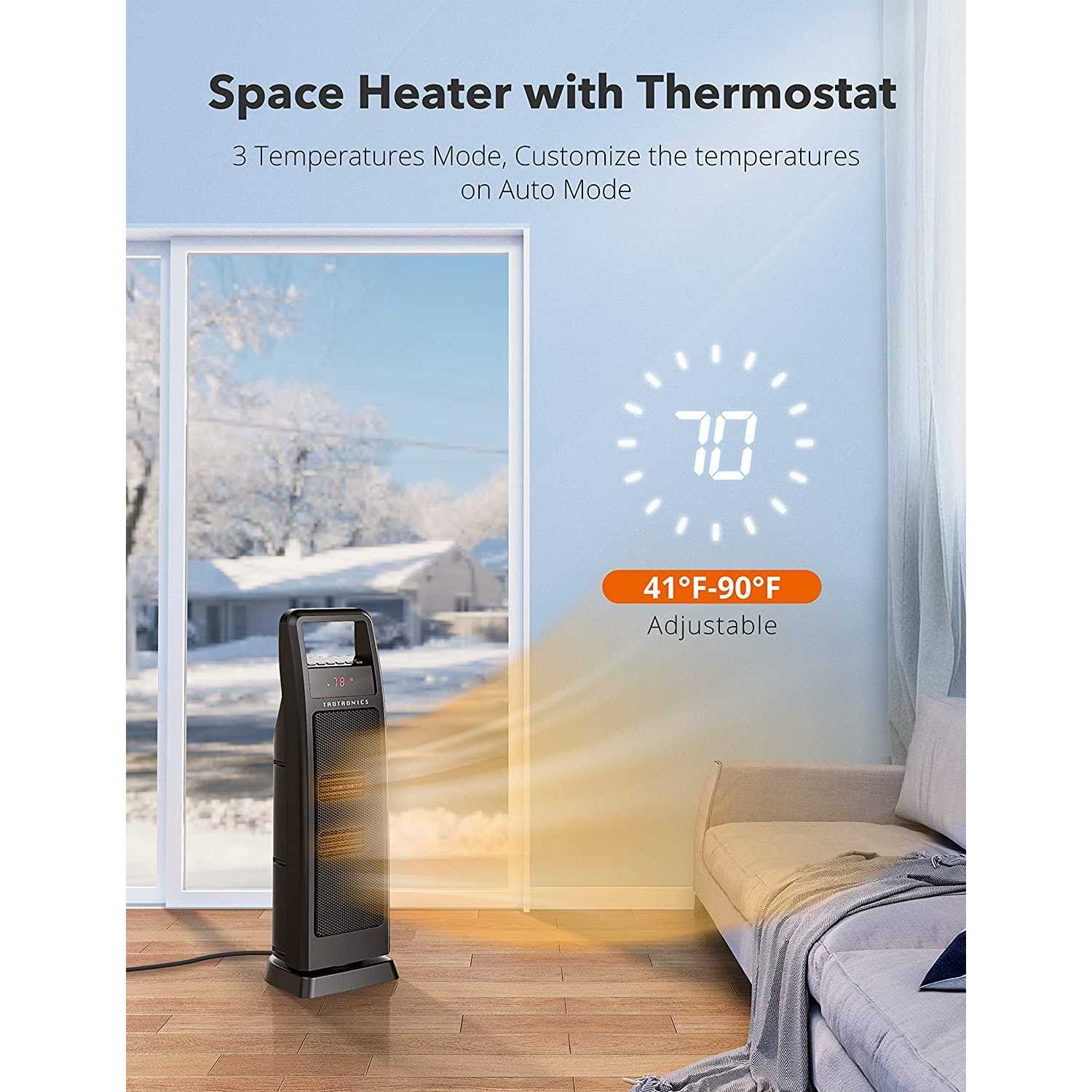 Taotronics Space Heater, 1500w Portable Electric Heater, Fast Quiet Tower Oscillating Heater for Office, Home and Bedroom - Image 3