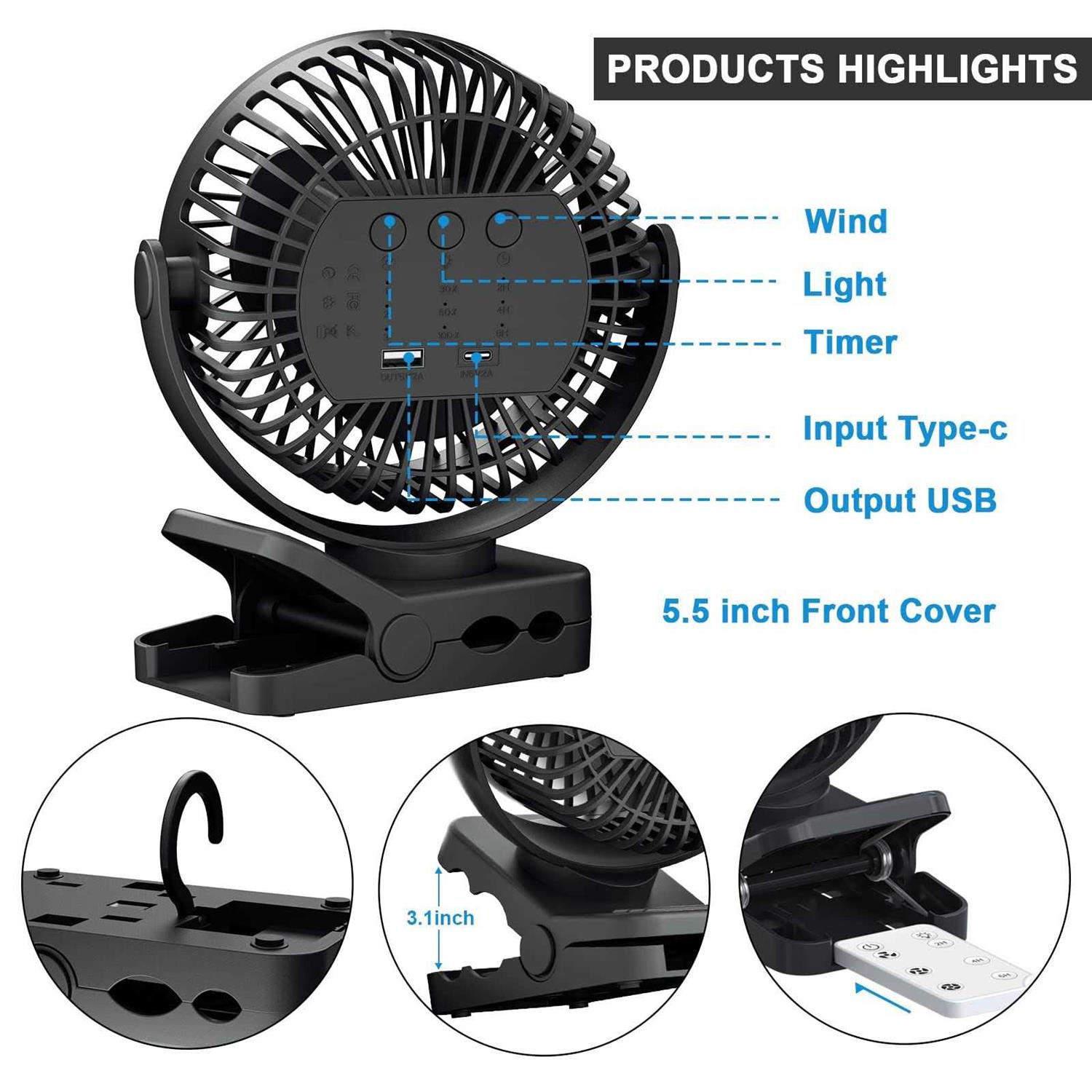Portable Fan with Remote Control & Timer & LED Lights 60hrs 12000mAh USB Rechargeable Battery Fan Could Clamp/Hanging/Stand Up - Image 4