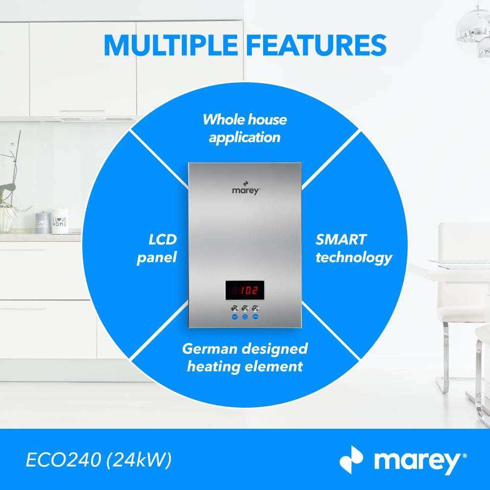 Marey 24kW 4.7 MAX GPM ETL Certified 240V Self-Modulating Residential Multiple Points of Use Tankless Electric Water Heater ECO240N - Image 4