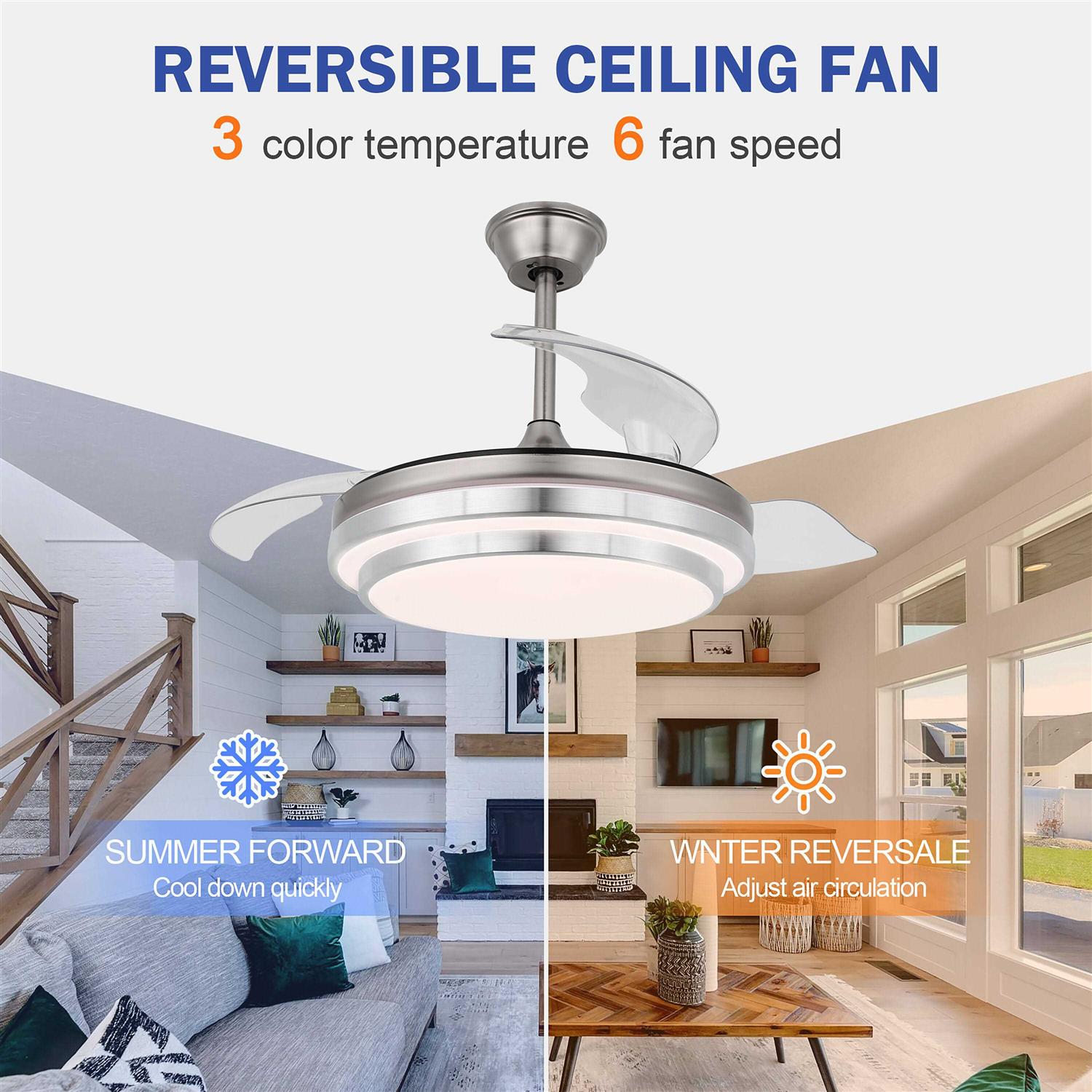 Bella Depot 42 in. Indoor Brushed Nickel Retractable Ceiling Fan with LED Light and Remote BD4204 - Image 5